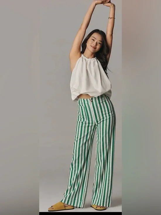Anthropologie Maeve The Collette Striped Wide Leg in Green - Picture 2 of 4